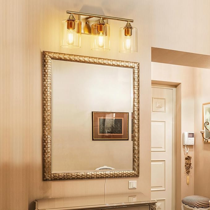 Gold Bathroom Light Fixtures,3-Light Vanity Lights,Modern Brushed Brass Gold Wall Sconce Lighting,Bathroom Wall Lamp for Mirror Bedroom Living Room Vanity Table Hallway