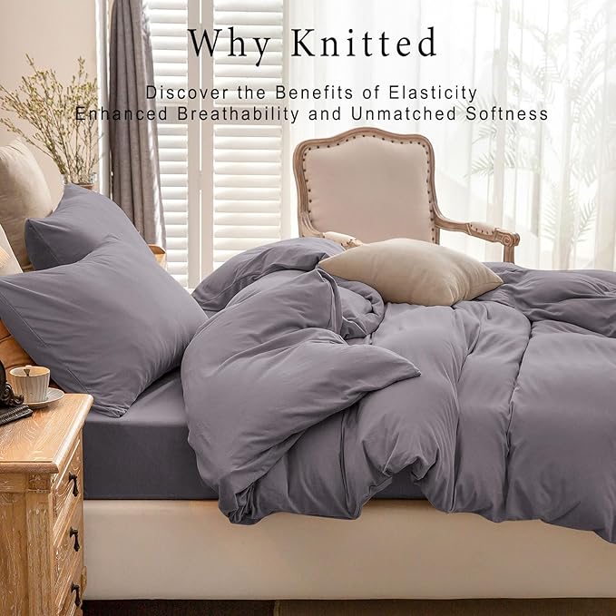 PURE ERA Jersey Knit Duvet Cover Set 100% T-Shirt Cotton Super Soft Comfy 3pc Bedding Set with Zipper Closure (Solid Grey Purple, Queen, 90"X90")