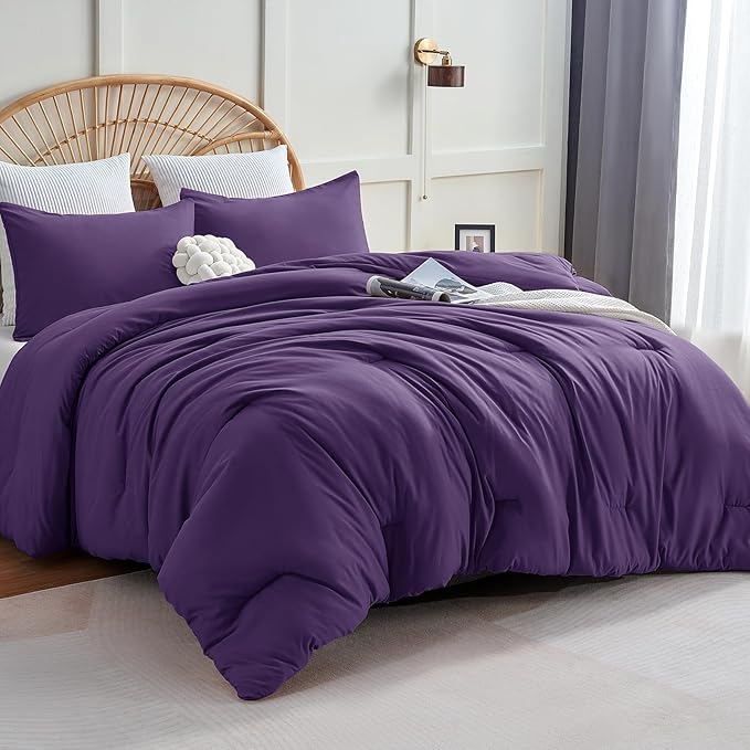 CozyLux King Size Comforter Set Purple, 3 Pieces Solid Comforters King Size Breathable Quilted Bedding Set, Luxury Soft Lightweight Bed Set with Down Alternative Comforter and 2 Pillowcases All Season