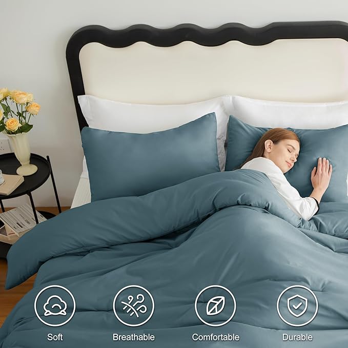 CozyLux Full Size Comforter Set Mineral Blue, 3 Pieces Solid Breathable Quilted Bedding Sets, Luxury Lightweight Soft Bed Set with Down Alternative Comforter and 2 Pillowcases for All Seasons