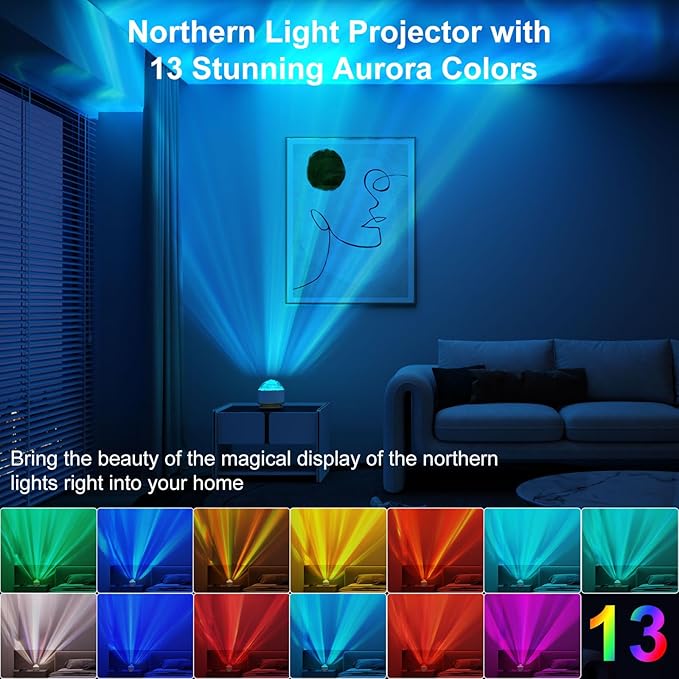 HUMIIEYE Northern Lights Projector, 13 Colors Aurora Night Light Projector for Bedroom, 3 Timers, Remote Galaxy Light Projector, Memory Function Dimmable Mood Lighting for Playroom Kids Teen Girl Gift