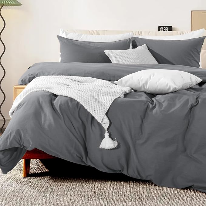 NEXHOME PRO Cotton Duvet Cover Set King Size Linen Look Textured Organic Natural 100% Washed Cotton Duvet Cover 3 Pieces Bedding Set with Zipper Closure, Breathable, Soft, Grey (No Comforter)