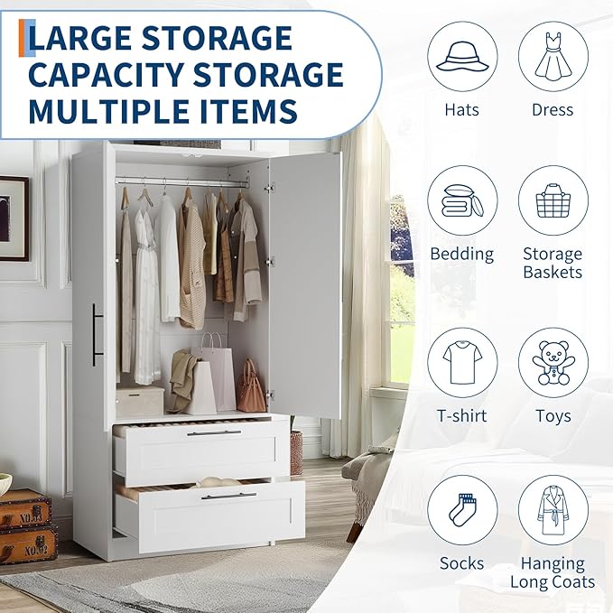 Garvee Armoire Wardrobe Closet with 2 Drawers, 70 in Tall Clothing Storage Cabinet with 2 Doors, Modern Bedroom Clothing Armoires with Hanging Rods, White