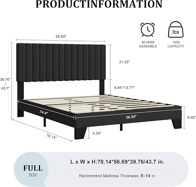 Full Bed Frame, Velvet Upholstered Platform Bed Frame with Adjustable Headboard, Vertical Quilted Design, Sturdy Slatted Mattress Base, Easy to Assemble, Black