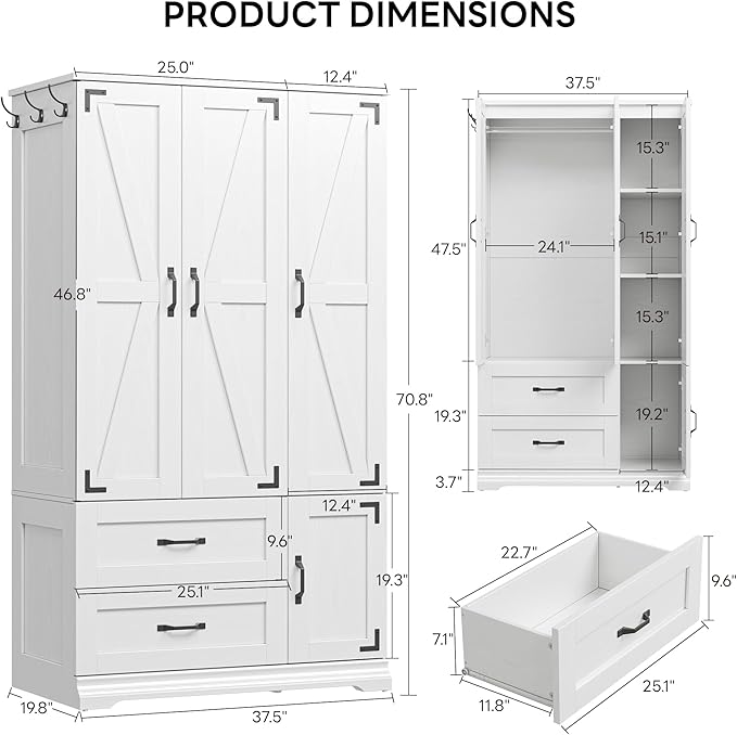 LIKIMIO Armoire Wardrobe Closet 71" H, Bedroom Wooden Wardrobe with 4 Doors and 2 Drawers, Farmhouse Clothing Storage Cabinet Combination with Hanging Rod, Shelves, and Hooks, White