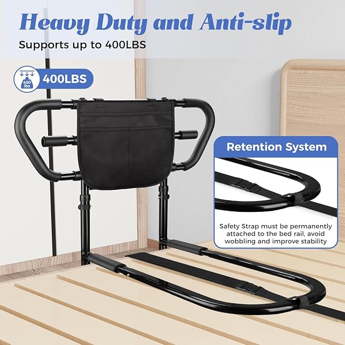 Bedside Rail for Elderly Safety Adjustable Bed Aid with Storage Pocket, Non-Slip Handle,400 lbs Gravity Capacity (Stand-Compatible with Bed Frames 13.19" or Higher) (Black)
