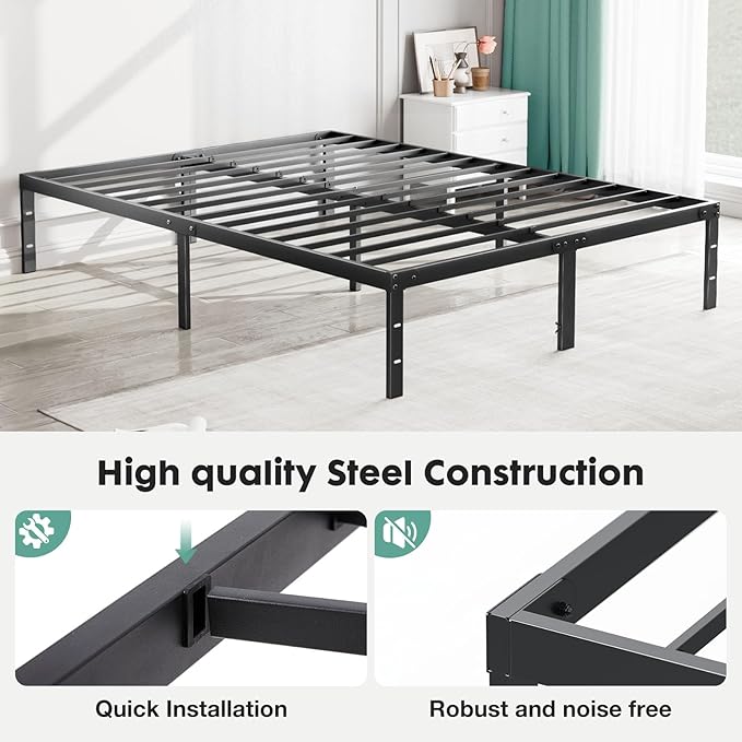 Sweetcrispy Bed Frame King - Heavy Duty No Box Spring Needed Metal Platform Bedroom Frames with Storage Space, 14 Inches High, Sturdy Steel Slat Support, Black