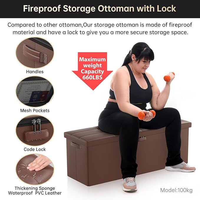 DocSafe Storage Ottoman Bench,Fireproof＆Waterproof Folding Bench with Lock(15”x 43”x15”),Leather Storage Chest with Handles＆2 Extra Boxes,Ottoman Safe for Bedroom,Living Room,Home Office,Brown