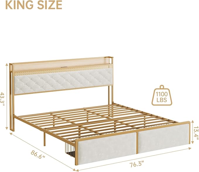 IDEALHOUSE King Size Bed Frame with Storage Headboard and 2 Drawers, Platform Metal King Bed Frame with LED Lights and Charging Station, Noise Free, No Box Spring Needed, White