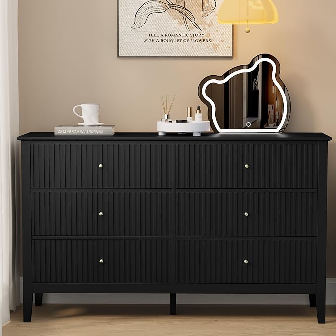 FansaFurn Black Dresser Fluted 6 Drawer Dresser Wide Modern Chest of Drawers Large Closet Dressers Wood Storage Dressers Organizer Storage Cabinet for Bedroom Living Room Hallway Entryway