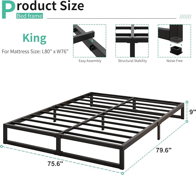Lutown-Teen 9 Inch King Bed Frame Sturdy Mattress Foundation, Heavy Duty Metal Platform with Steel Slats Support No Box Spring Needed, Noise Free, Easy Assembly, Black