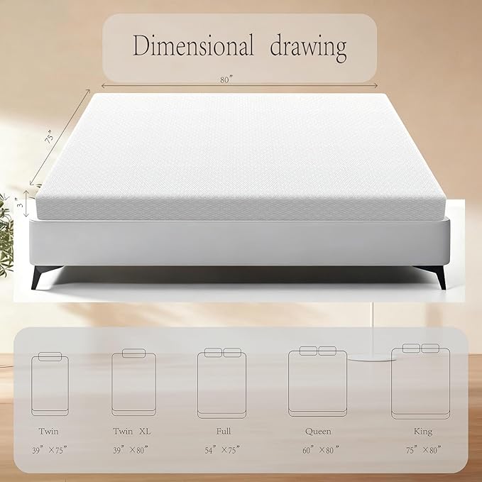 MORANDI Twin XL Mattress, 3 Inch Memory Foam Bed Mattress in A Box, Pressure Relief with Medium Firm Support, Machine Washable Mattress Protector with Zipper Removable Cover(White, Twin XL)