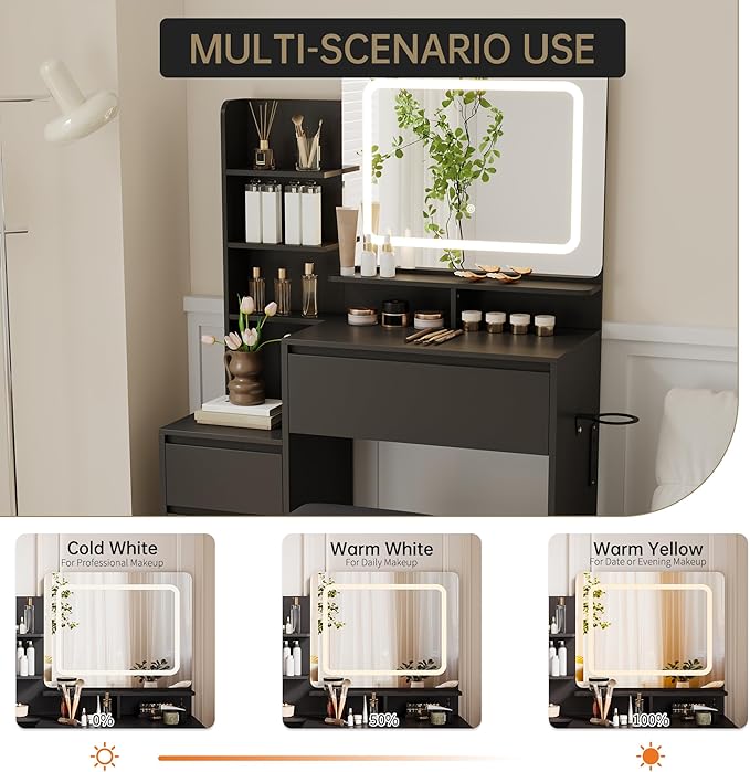 GarveeHome Makeup Vanity with Mirror and Lights, 36-Inch Vanity Desk, 4 Large Drawers Dresser, 3 Lighting Modes, Stool & Charging Station, Modern Vanity Table for Bedroom, Women,