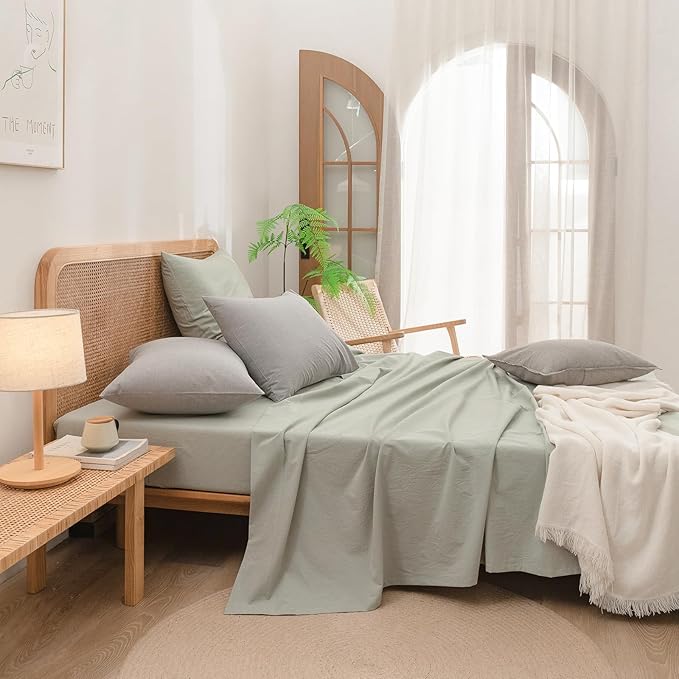 BESTOUCH 100% Washed Cotton Pillowcase for Hair and Skin Linen Feel Soft Comfortable Breathable 2 Set Pillow Case with Envelope Closure Solid Light Grey King 20x36 Inches