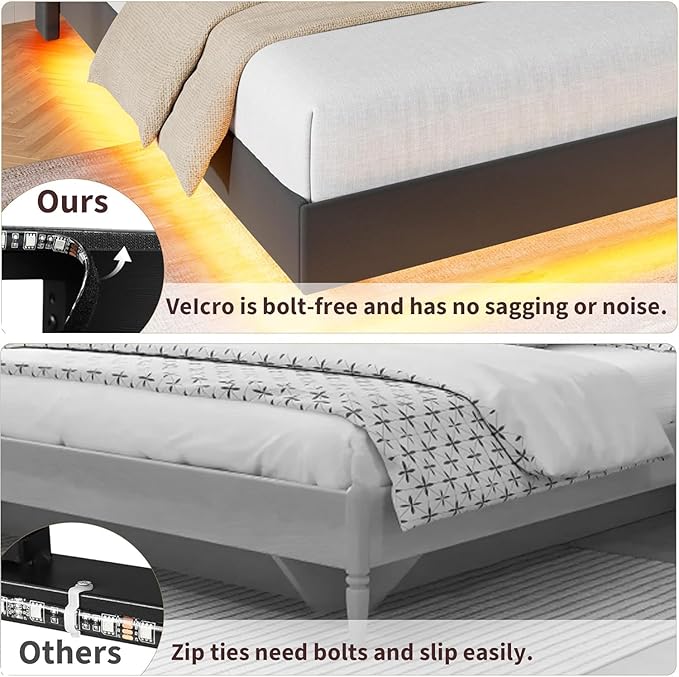 Garvee Full Size Floating Bed Frame with RGB LED Lights and Charging Station, Upholstered Platform Bed with Storage Headboard and Button Tufted Design, No Box Spring Needed, Black