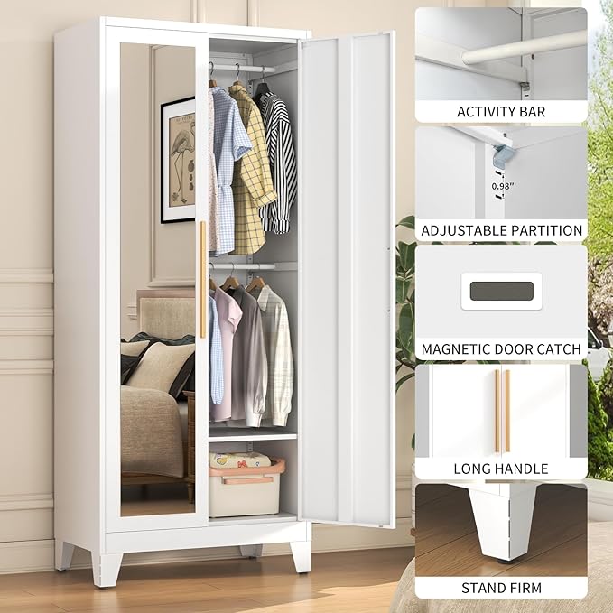 72" Tall Metal Armoire Wardrobe Closet - Large Clothing Storage Cabinet with Mirror Doors, 2 Hanging Rod & Adjustable Shelve - Closet Organizer for Bedroom, Office, Laundry Room, Garage - White