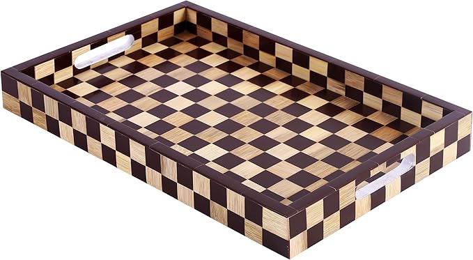 Handicrafts Home Checkered Decorative Tray 11x17 Inch, Handmade Resin Inlay Ottoman Tray, Coffee Table Centerpiece, Modern Wood Serving Tray, Brown Geometric Home Décor