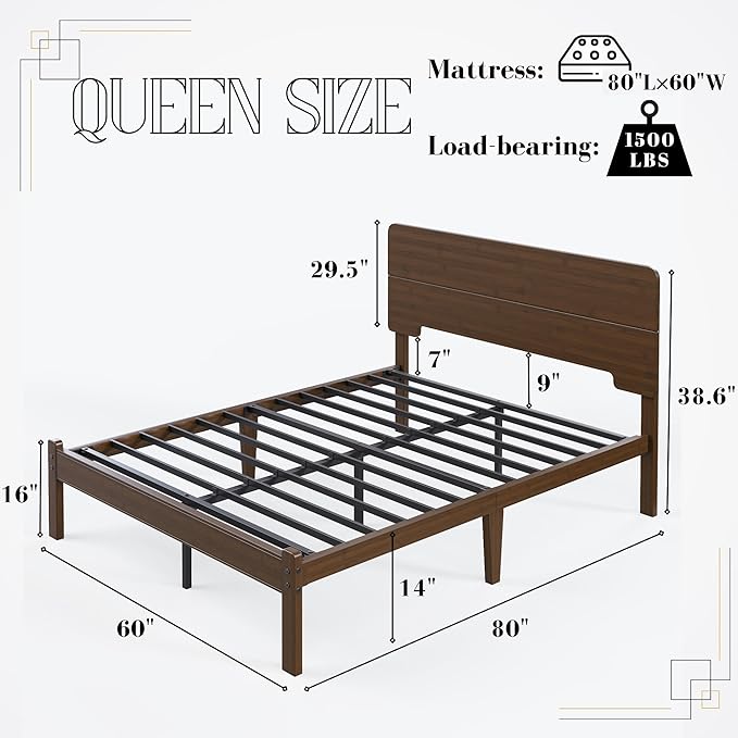 Askeld 14 Inch Bamboo Queen Bed Frame with Headboard, Solid Wood Bed Frames Queen Size No Box Spring Needed, Easy Assembly, Noise Free, Walnut Color