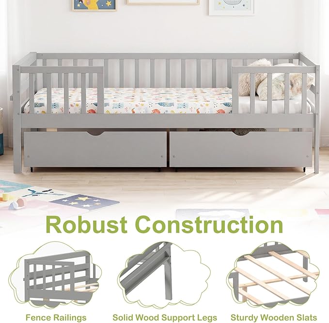 Giantex Full Kids Bed with Storage Drawers, Wood Montessori Bed with Rails & Side Shelf, Low Daybed Bed Frame for Boys Girls, No Box Spring Needed (Grey)