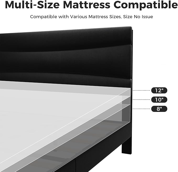 GarveeHome King Modern Upholstered Bed Frame with Soft Padded Headboard,Sturdy Metal Steel Slat Support, Noise-Free Quiet Design,Easy Assembly,Heavy Duty Stable Bed Frame(Black)