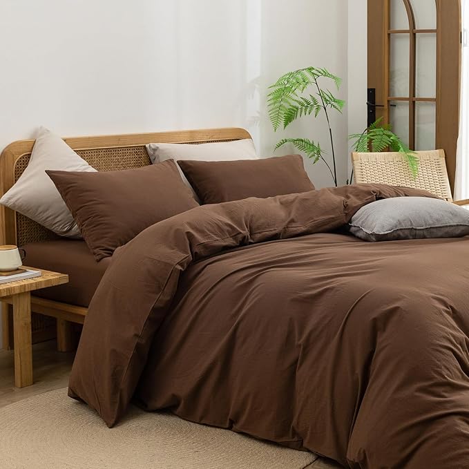 BESTOUCH Duvet Cover Set 100% Washed Cotton Linen Feel Super Soft Comfortable Chic Lightweight 3 PCs Home Bedding Set Solid Cocoa Brown Super King