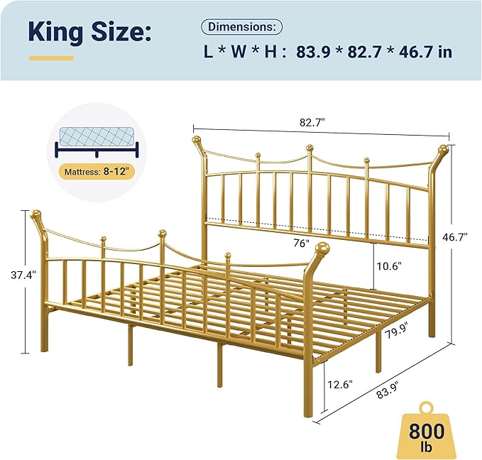 Allewie 14 Inches King Size Metal Platform Bed Frame with Elegant Crown Iron-Art Headboard & Footboard, Sturdy Mattress Foundation with Under-Bed Storage, Easy Assembly, No Box Spring Needed, Gold