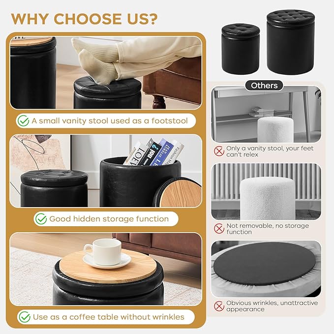 oakvivo Round Ottoman with Storage Set of 2, 12.6" W x 14.17" H & 14.76" W x 17.32" H Faux Footstool Storage Ottomans for Bedroom, Living Room Padded Coffee Table Ottomen, Black