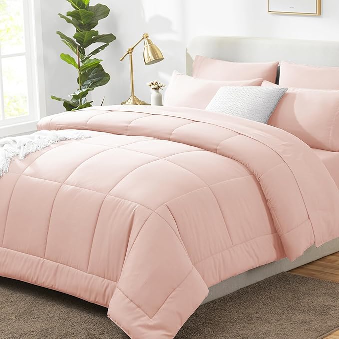 CozyLux Oversized King Comforter Sets Blush Pink, 7 Pieces Bed in a Bag, Ultra-Soft All Season Bedding Sets with Stitch Quilted Comforter, Flat Sheet, Fitted Sheet, Pillowcases