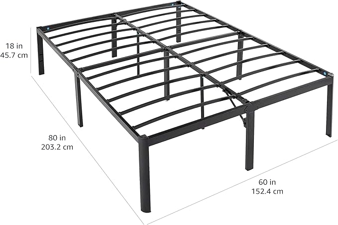 Amazon Basics Heavy-Duty Non-Slip Bed Frame with Steel Slats, 18" Height for Storage Space, Sturdy Support for Mattress, Easy Assembly, Queen, Black