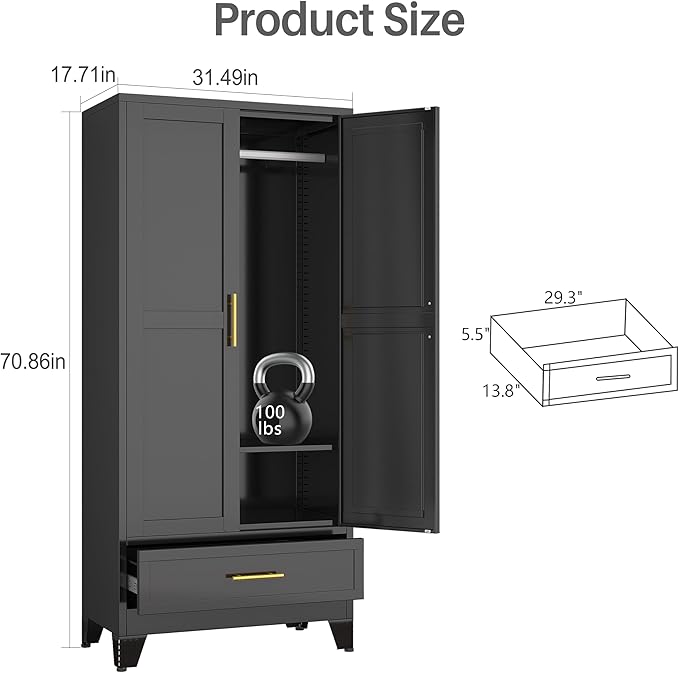 winiowa Metal Armoire Wardrobe Closet with Drawer, 71" Wardrobe Cabinet with Adjustable Shelves and Hanging Rod, Clothing Storage Cabinet Closet for Bedroom-Black