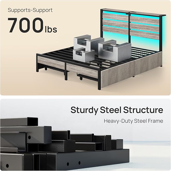Rolanstar Full Size Bed Frame with 4 Drawers, LED Lights and Charging Station, Metal Platform Bed with Storage Headboard, Noise Free, Easy Assembly, No Box Spring Needed, Light Grey