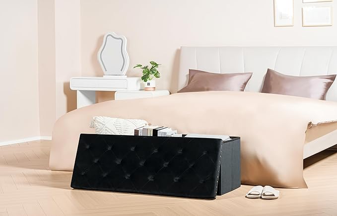 PINPLUS Black Storage Ottoman Bench for Bedroom, Folding Velvet Chest with Benches Foot Rest Stool, Large Long Shoes Chest for Bedroom, Living Room, 43.3"x15.7"x15.7"