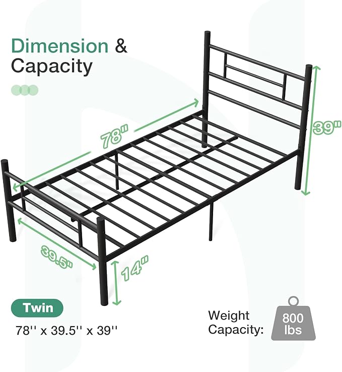 Novilla Twin Bed Frame with Headboard and Footboard, 14 Inch Metal Platform Bed Frame, Under Bed Storage, Strong Metal Slats Support, Mattress Foundation No Box Spring Needed