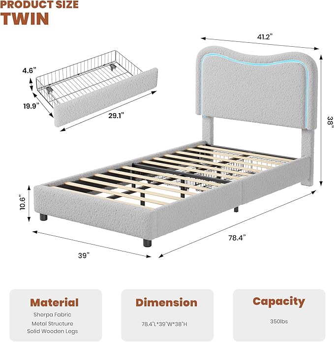 GarveeHome Upholstered LED Twin Bed Frames for Kids with 2 Drawers and Headboard, Cute Twin Bed with Storage for Girls, Boys, Sturdy Platform Bed, No Box Spring Needed, Wooden Slats, Noise Free, Grey