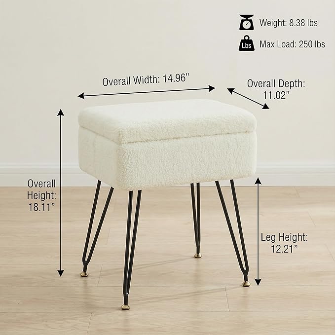 Vanity Stool Chair, Faux Teddy Fur Ottoman Foot Stool with Metal Legs & Adjustable Black Feet, Flip Top Storage Makeup Chair with Soft Padded Seat, Foot Rest for Makeup Room Bedroom, White