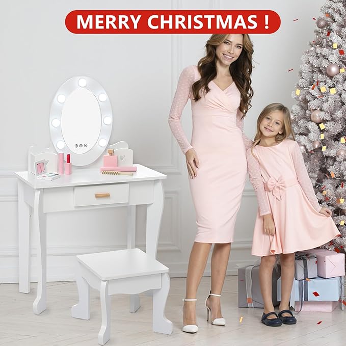 GarveeHome Kids' Vanity Set with Mirror and Light, Makeup Table and Stool for Girls, Vanity Table and Chair Set with Wood Makeup Playset for 4-9 Girls, White (Batteries Not Included)