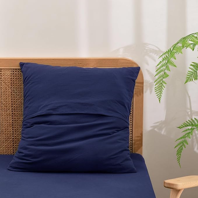 BESTOUCH 100% Washed Cotton Pillowcase for Hair and Skin Linen Feel Soft Comfortable Breathable 2 Set Pillow Case with Envelope Closure Solid Navy Blue Euro 26x26 Inches