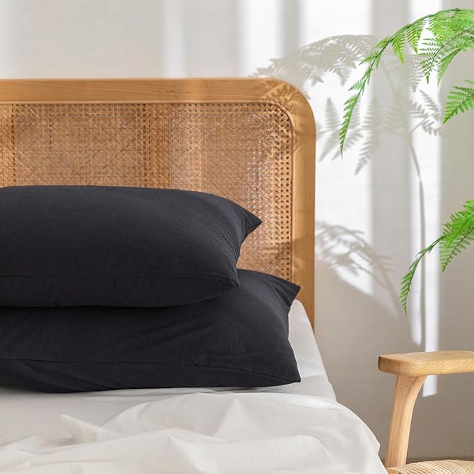 BESTOUCH 100% Washed Cotton Pillowcase for Hair and Skin Linen Feel Soft Comfortable Breathable 2 Set Pillow Case with Envelope Closure Solid Dark Black Standard 20x26 Inches
