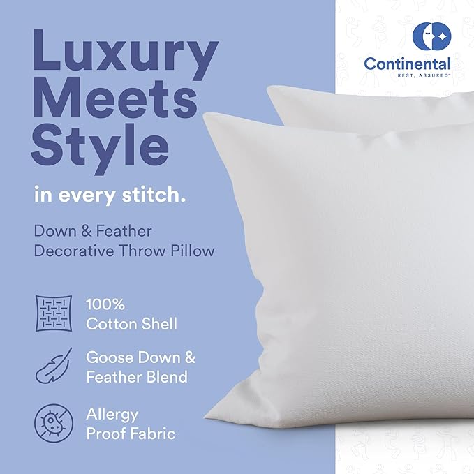 Continental Bedding | 10/90 Down and Feather Throw Pillow Insert | 100% Cotton 250TC Shell | Medium Loft Decorative Cushion | 22x22 | 2 Pack