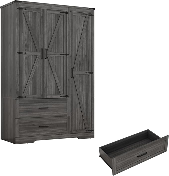 Hlivelood 3 Doors Wardrobe Armoire Closet with Doors and Drawers, Farmhouse Wooden Armoire Storage Cabinet with Shelves & Hanging Rod for Bedroom, Grey