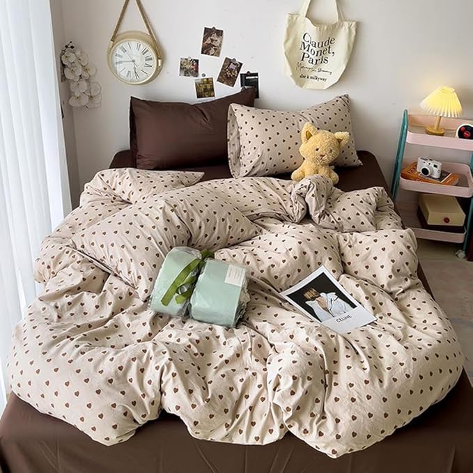 Nayoroom Brown Heart Duvet Cover Queen Size Vintage Hearts Printed on Taupe Comforter Cover Kids Girls 3 Pcs Soft Microfiber Farmhouse Bedding Set with Zipper Closure