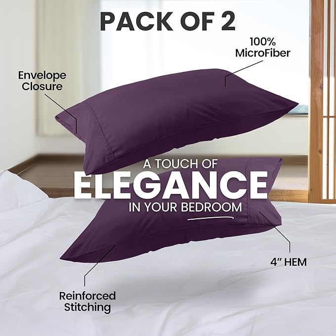 Utopia Bedding Queen Pillow Cases - 2 Pack - Envelope Closure - Soft Brushed Microfiber Fabric - Shrinkage and Fade Resistant Pillow Covers Queen Size 20 X 30 Inches (Queen, Purple)