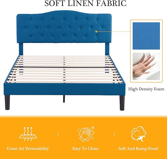 VECELO Full Size Bed Frame Upholstered Platform with Tufted Adjustable Headboard/Mattress Foundation Wood Slat Support/Easy Assembly,Grey