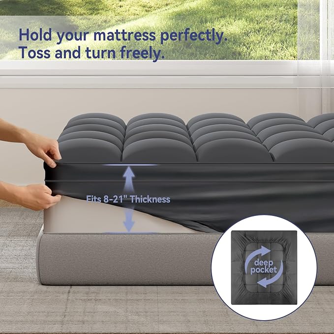 ELEMUSE Queen Grey Mattress Topper for Back Pain, Extra Thick Mattress Pad Cover, Plush Soft Pillowtop with Elastic Deep Pocket, Overfilled Down Alternative Filling