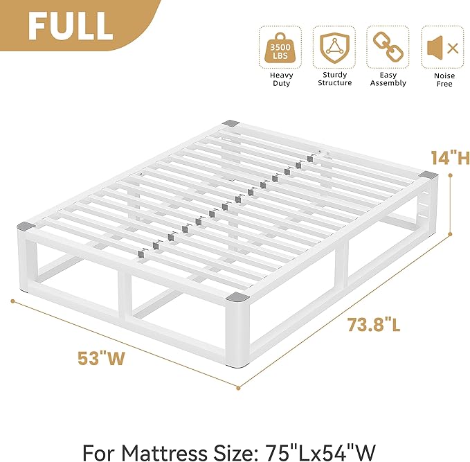 14 Inch Full Size Bed Frame with Rounded Corner and Headboard Hole, Metal Platform Bed Frames 6 Non-Slip Guards, 3500lbs Heavy Duty Steel Slat Support, Squeak Free, No Box Spring Needed, White