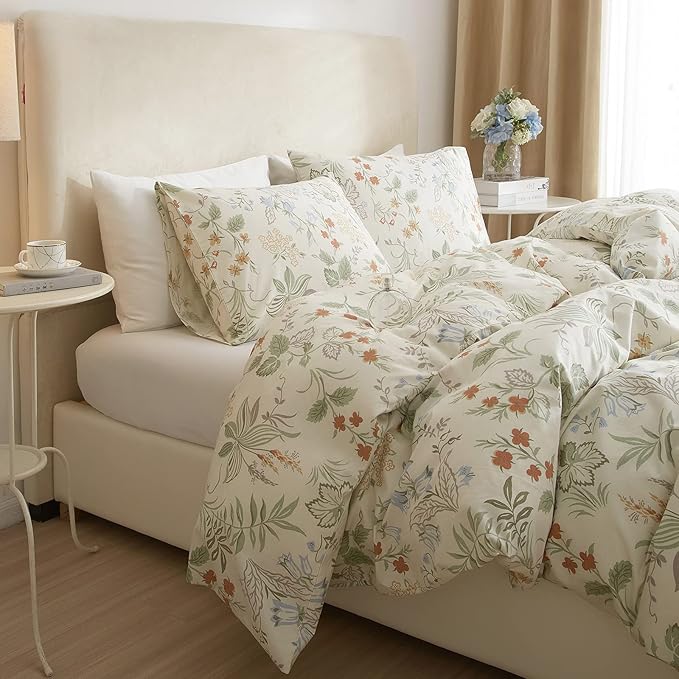 mixinni White Duvet Cover Set with Green Leaves Twin Size 100% Cotton Flower Printed Bedding Set 1 Duvet Cover 2 Pillowcases for Teen Girls, Ultra Soft, Breathable, Comfortable(3pcs, Twin Size)