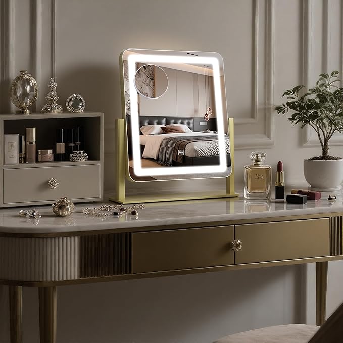 Vanity Mirror with Lights, 15"×12.2" Large LED Makeup Mirror with Light, HD Mirror, Smart Touch with 3-Color Lighting, Dimmable, 360° Rotation, Lighted Up for Vanity Desk Tabletop, Bedroom (Gold)