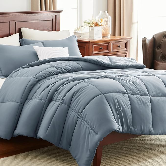 CozyLux Oversized Queen Comforter Set, 270GSM Grayish Blue Bedding Sets for All Seasons, 3 Pieces 98x98 Bed Set with 1 Down Alternative Comforter and 2 Pillow Shams, Soft, Lightweight, Breathable