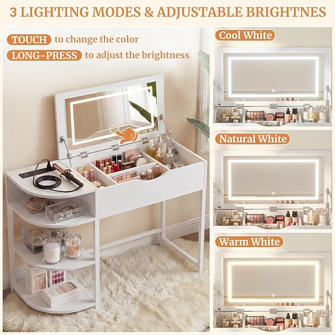 Cyclysio Vanity Desk with Flip Top Mirror and Lights, Makeup Vanity Desk with Drawers, Dressing Table with Storage Shelves & Charging Station, Small Vanity for Small Spaces, White