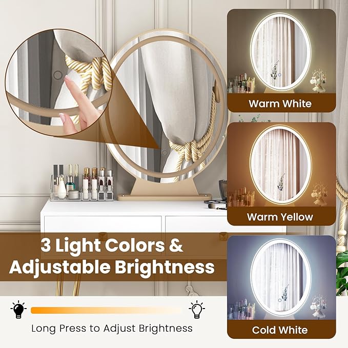 COSTWAY Vanity Desk with Mirror and Lights, Makeup Dressing Table Set w/ 3 Color Lighting Modes & Adjustable Brightness, Vanity Mirror with Desk and Stool for Bedroom Small Spaces (White)